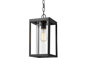 Beionxii Outdoor Pendant Light, Modern Exterior Hanging Porch Lantern, Black Cast Aluminum w/Clear Cylinder Glass - A291H-1PK