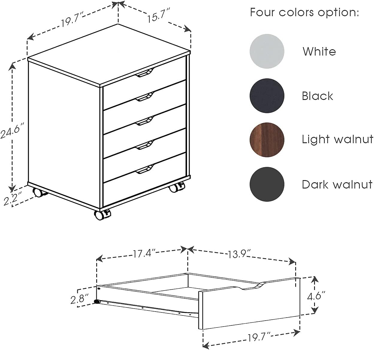 Vicllax 5 Drawer Unit File Cabinet Under Desk Storage Cart for Home Office with Casters, Brown Walnut: Home Improvement