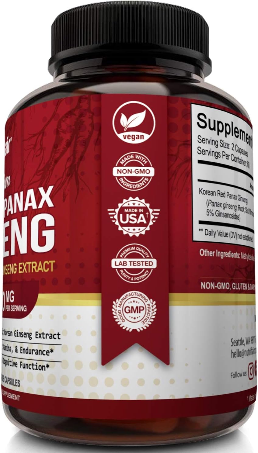 NutriFlair Korean Red Panax Ginseng 1600mg - 120 Vegan Capsules - High Strength Ginseng Root Ginsenosides Extract Powder Supplement - Energy, Focus, Libido, Performance Pills for Women & Men, Non-GMO: Health & Personal Care