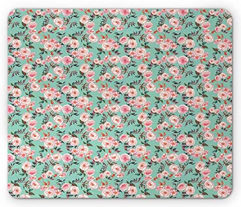Rose Mouse Pad, Romantic Watercolor Style Pattern with Tender Pink Spring Blossoms, Standard Size Rectangle Non-Slip Rubber Mousepad, Seafoam Pale Pink and Coral