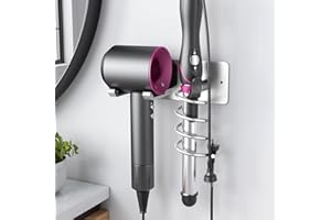 Tindbea Hair Dryer Holder + Curling Iron Holder,Blow Dryer Holder Wall Mount, Bathroom Hair Tool Organizer Rack for Universal Dryer Silver Color