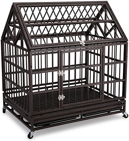 Heavy Duty Dog Crate 42'' Haige Pet Homestead Serise Dogs Cage Kennel with Tray and Wheels Brown
