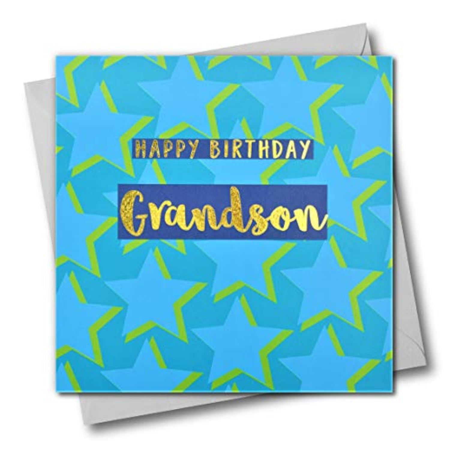 Claire Giles Greeting Cards, Happy Birthday Grandson Card, Blue Stars Design Greeting Card, Text Foiled in Shiny Gold
