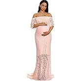 ZIUMUDY Women's Off Shoulder Ruffles Lace Maternity Gown Maxi Photography Baby Shower Dress