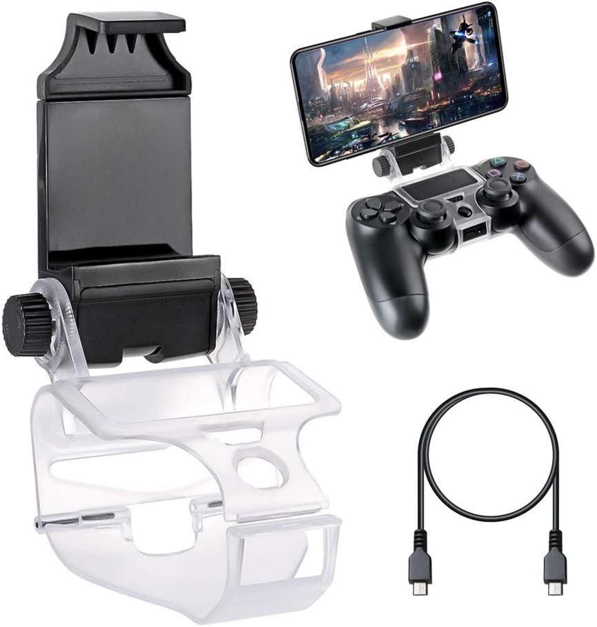 Sinzau Mobile Phone Clip with OTG Cable for PS4 Controller, Foldable Cellphone Clamp for Gamepad, Black