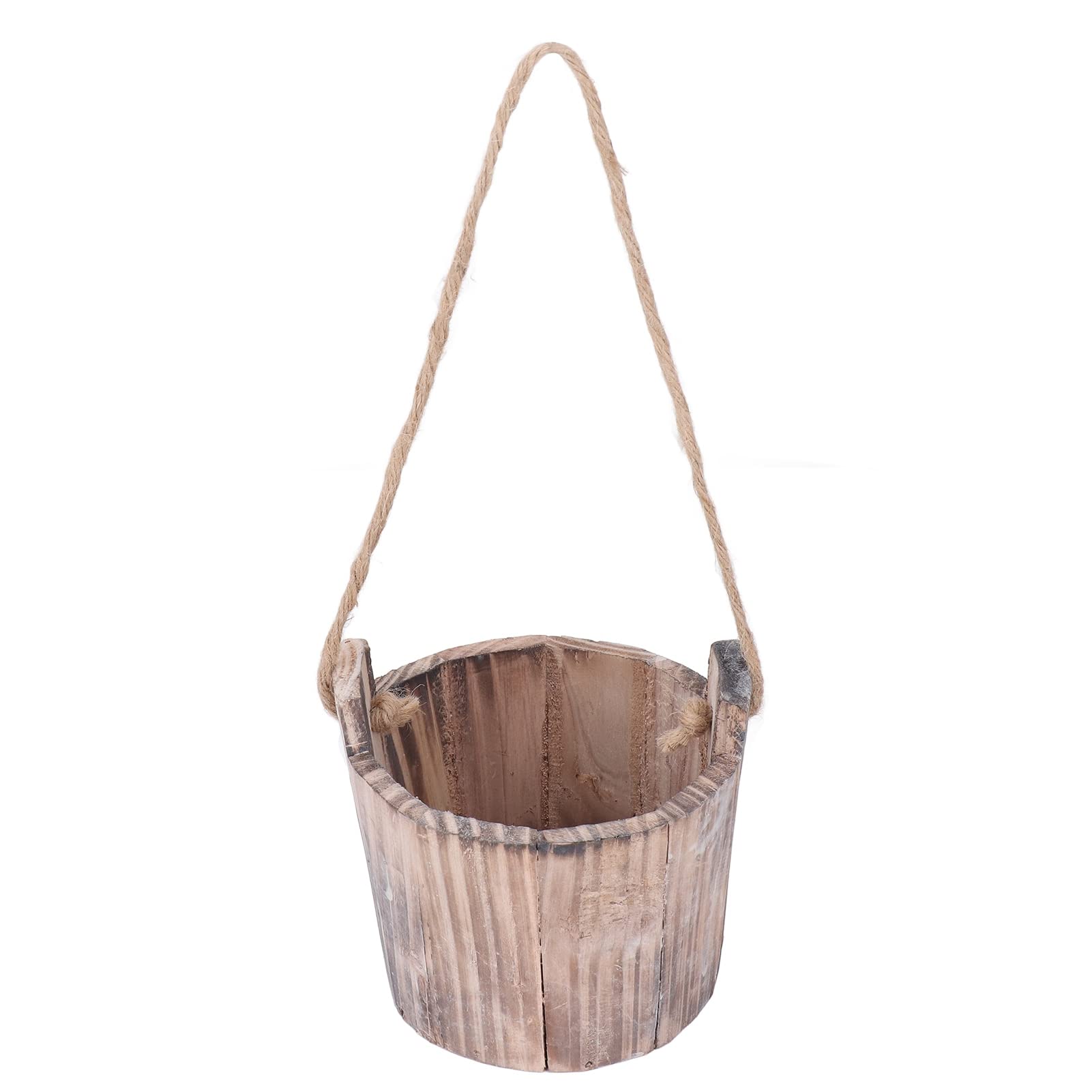 MOUMOUTEN Rustic Wooden Barrel Planter, Round Vintage Rustic Garden Wishing Well Pail Flower Pot with Twine Drainage Hole, Hanging Bucket Planter for Garden Backyard Patio