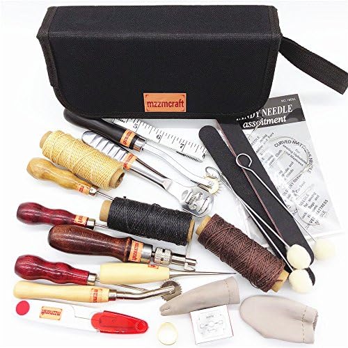 Leather Crafting Tools Kits,Mzzmcraft 22 Pcs DIY Leather craft Hand Sewing Stitching Punch Set With skiving tool,Groover,Hook Awl,Wax Thread,Portable Bags For LeatherCraft Beginner