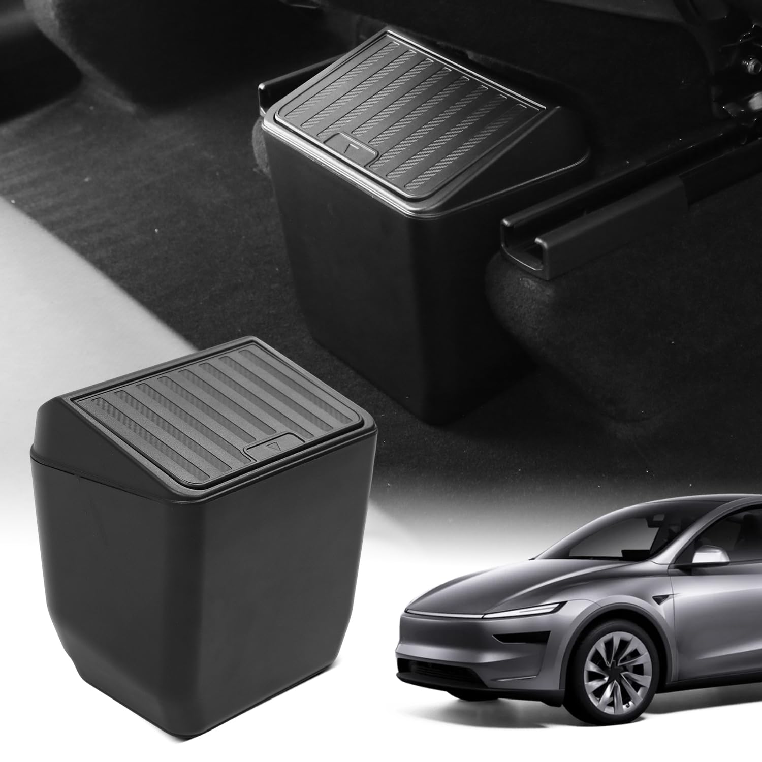Photo 1 of Shademax Rear Trash Can for Tesla Model Y Juniper 2026 2025 Center Console Organizer Backseat Storage Box Underseat Storage Tray Garbage Can Bin for Model Y Juniper Accessories Press Open Design Black