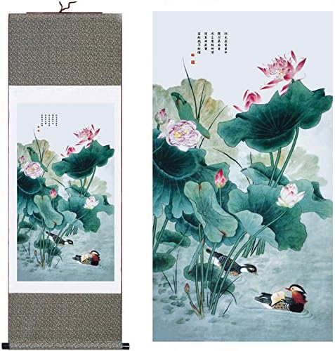 MODEBESO(TM) Silk Chinese Painting Lotus &amp; mandarin duck Home Decorate Calligraphy Scroll Hanging Art Gift (H40" X W12") 40009