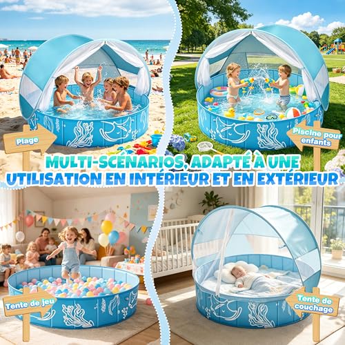 colmanda Baby Swimming Pool with Sun Shade 4 in 1 Large, 120 x 30 cm Baby Beach Tent Anti UV SPF50+ with Awning, Beach Pool, Foldable Ball Pool, Portable Beach Tent for Garden Beach