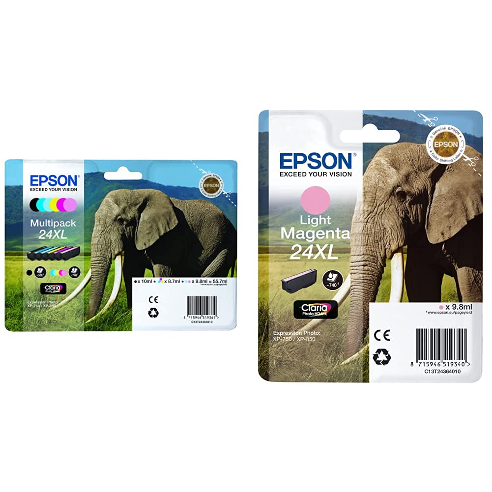 Epson 24 X-Large Series Elephant Ink Cartridge, Multipack, Genuine & C13T24364012 24 X-Large Series Elephant Ink Cartridge, Light Magenta, Genuine