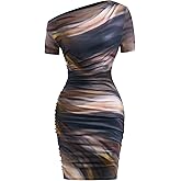 winkbay Women's Tie Dye Ruched Bodycon Dress Elegant Asymmetrical Neck Mini Evening Party Dresses