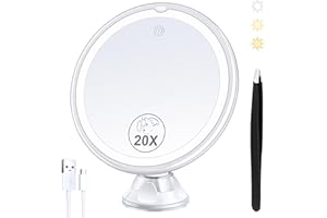 B Beauty Planet Rechargeable Magnifying Mirror with Light, 20X Lighted Makeup Mirror, 3 Color Magnifying Makeup Mirror with 34 LEDs Light, 360° Rotation Vanity Mirror with Light, 1500 mAh 8 in
