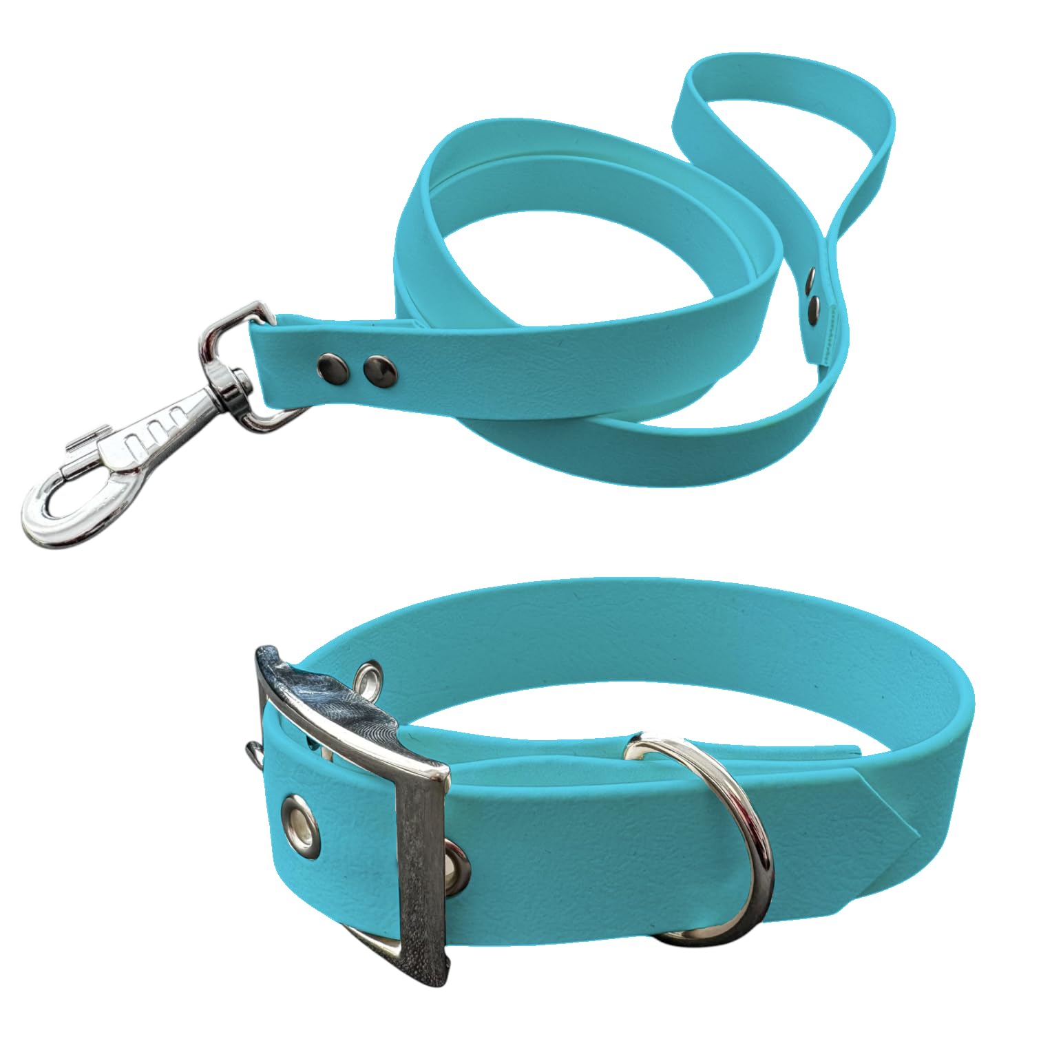 L'Atelier du Fourmilier Dog Collar and Leash in BioThane material, Medium Width (45-55 cm, Light Blue)
