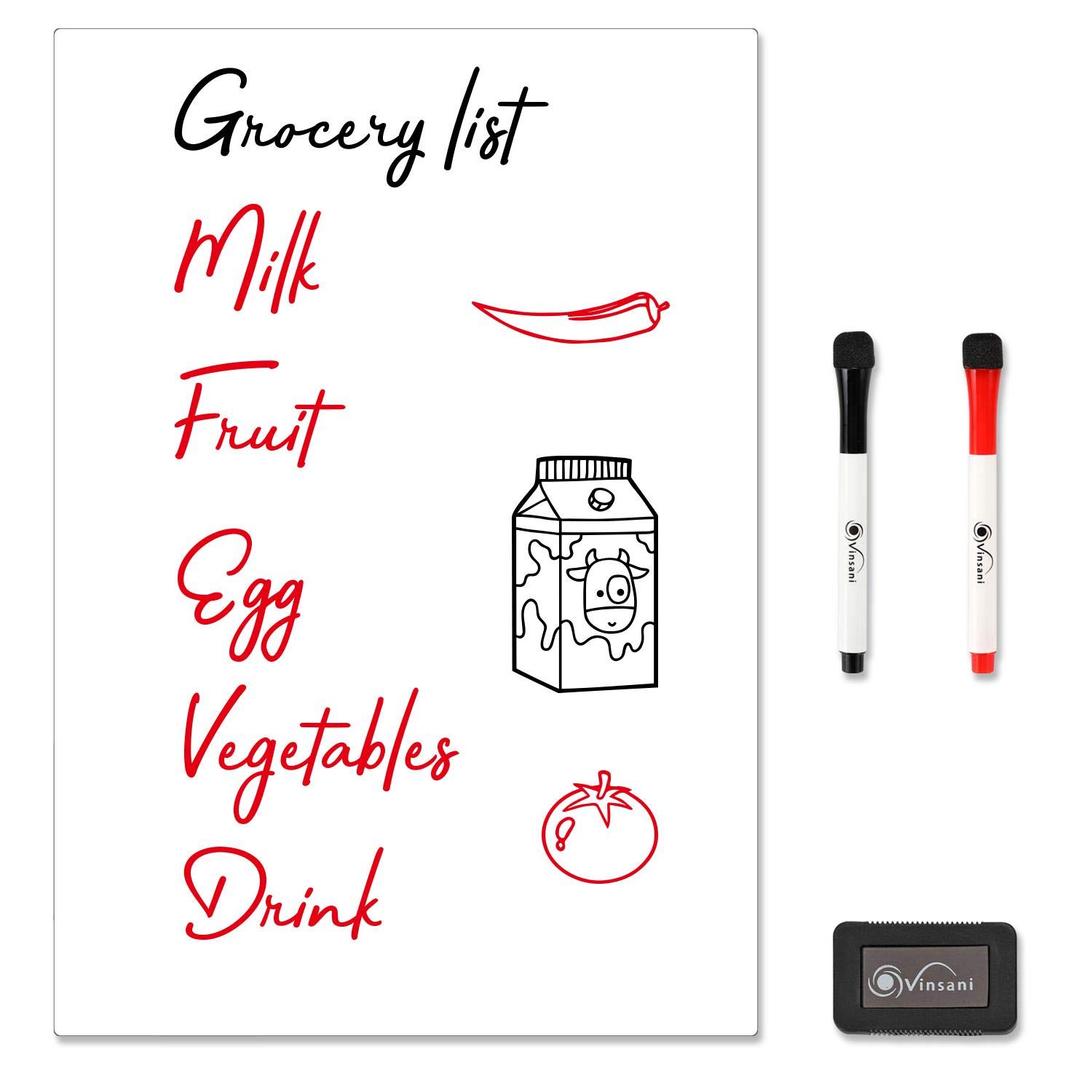Vinsani Whiteboard A3 Size - Make Notes, Lists, Memos, Menus. for Home, School, Office and Kitchen Use with 2 Free Magnetic Dry Wipe Pens and Magnetic Eraser (29.7 x 42.8 cm)