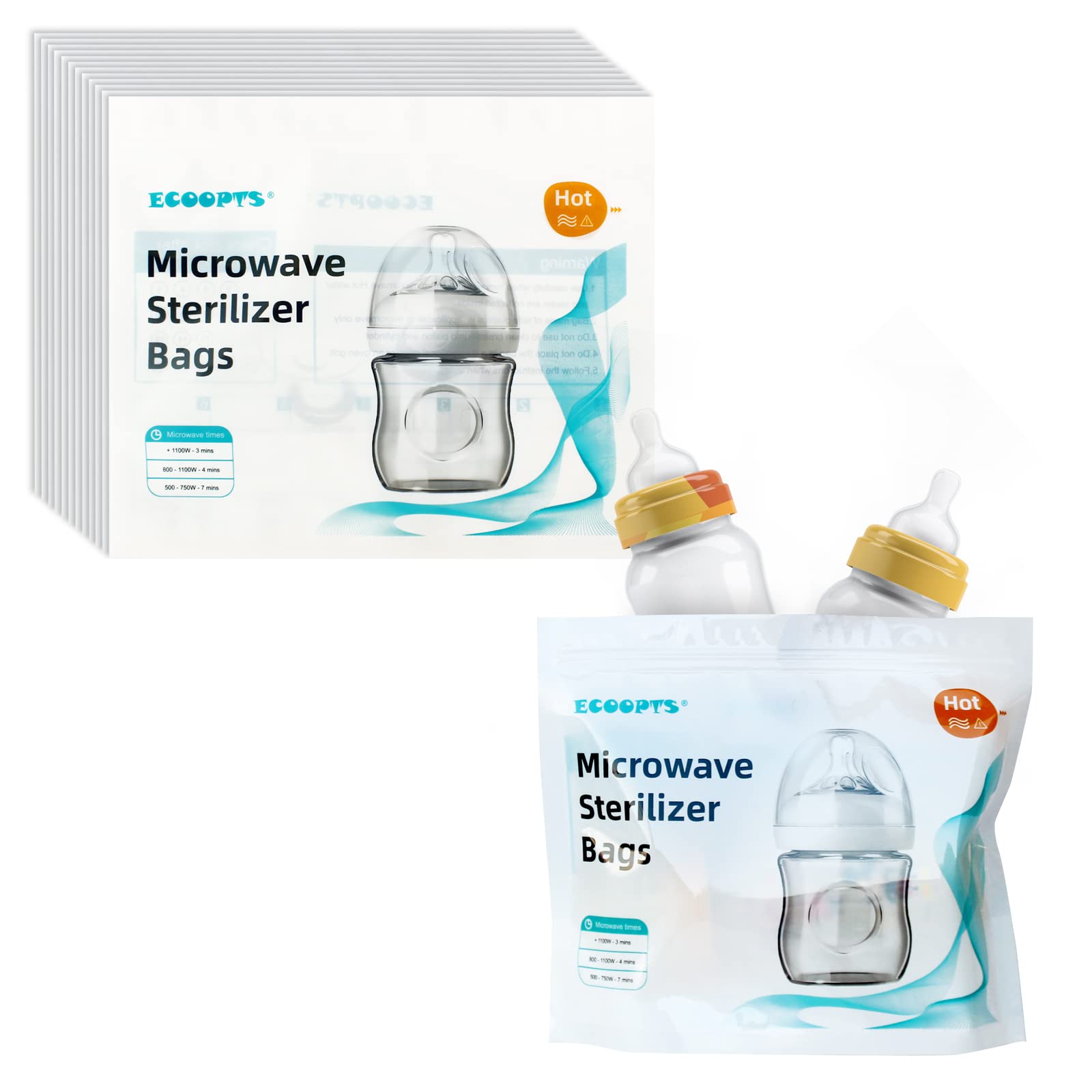 ECOOPTS 12 Count Microwave Steam Sterilizer Bags Reusable Micro-Steam Bags for Baby Bottles and Breast Pump Sterilizer Parts Microwave Steam Bags