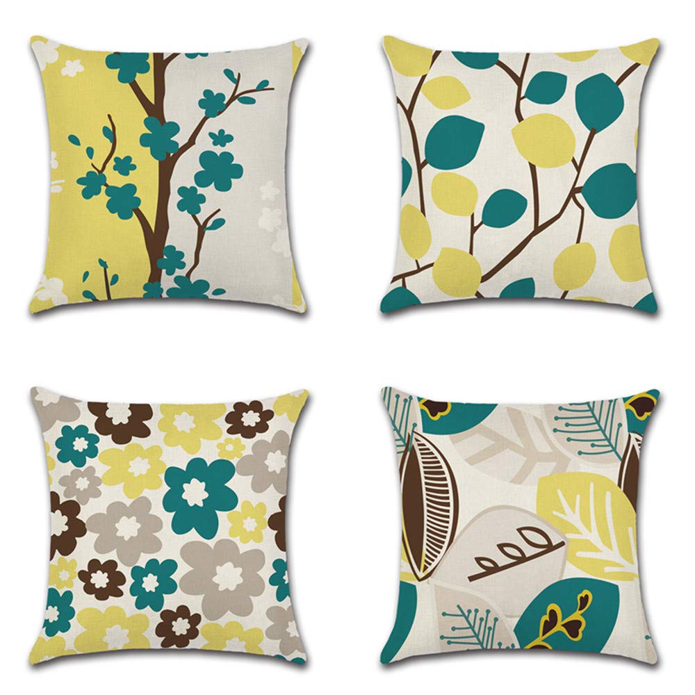 BAOKU Green leaves with yellow flowers Cushion Covers Pillowcase Home Decorative Square Cushion Covers 18 X 18 Inch Linen Square Cushion Cover, 4Pack