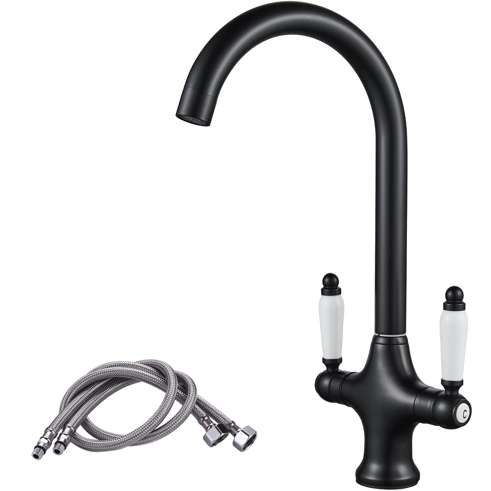 NewEast Black Kitchen Tap, Monobloc Dual Lever Swivel Spout Swan Neck Kitchen Sink Mixer Taps