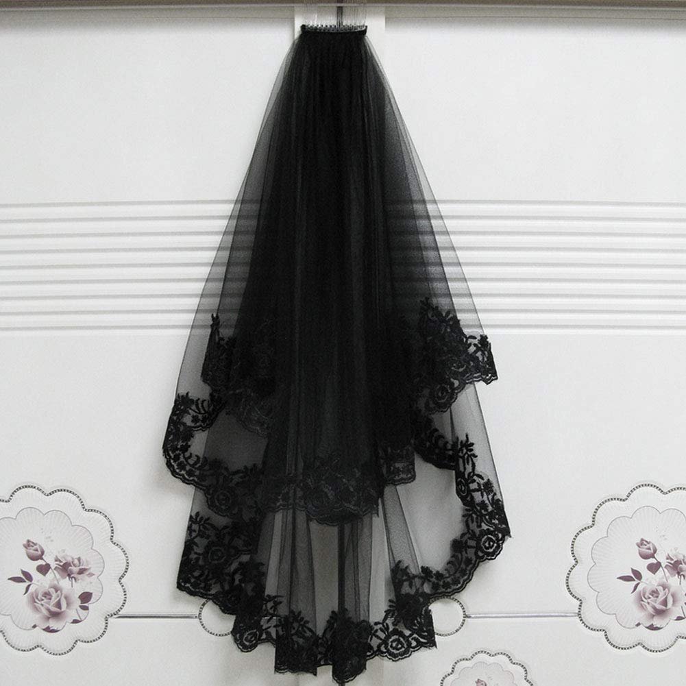 Velo Da Sposa Corto A Doppio Strato Con Pettine - Tulle E Pizzo, Lunghezza 60/80cm, Nero