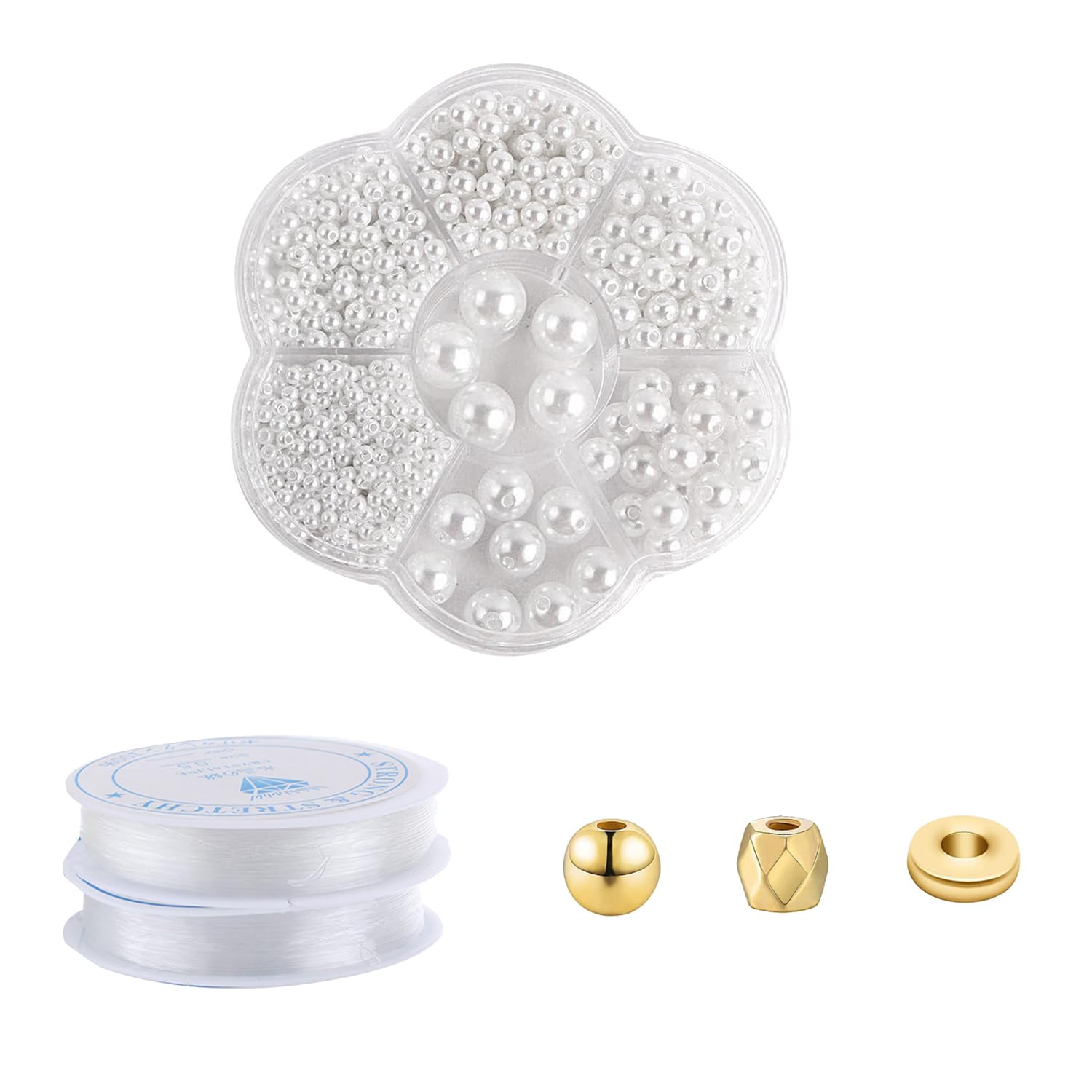 1 Box of 1150PCS White Pearls, 300PCS Gold Spacer Beads, 2 Boxes of Bead Wire, 3/4/5/6/8/10/12mm Round Beads, Beading Accessories, DIY Handmade Jewelry, Suitable for Jewelry, Clothing