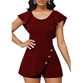 SheKiss Summer Elegant Rompers for Womens Casual Plain Color Short Sleeve Patchwork Button One Piece Jumpsuits