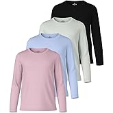 Real Essentials 4 Pack: Girls' Dry-Fit Long Sleeve Crew Neck T-Shirt - Athletic Activewear Soccer Top for Teens Kids Youth