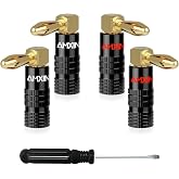 Amxinwang Right Angle Banana Plugs (2 Pairs, 4 pcs), Dual Screw Type Speaker Connectors, 24K Gold Plated Speaker Wire Plugs (Support 12 AWG to 18 AWG Wires)