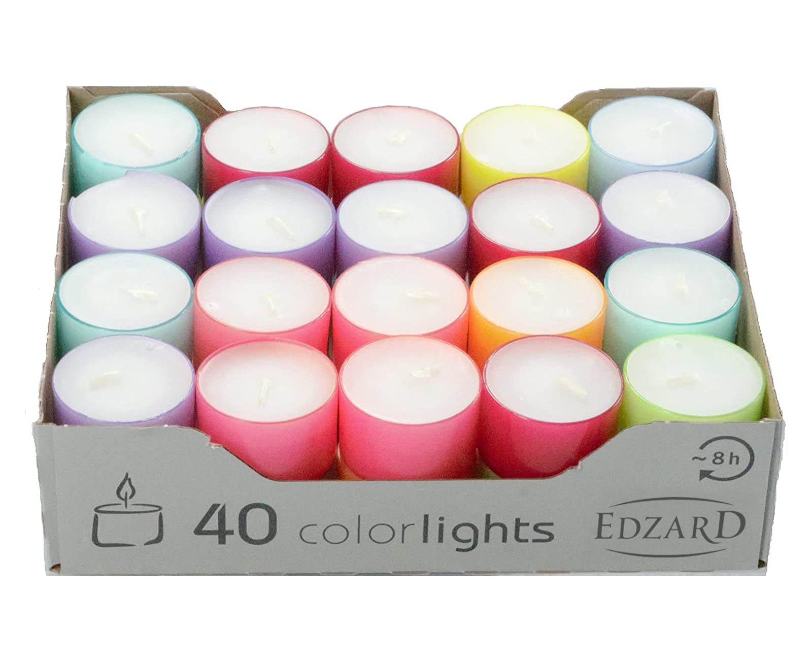 EDZARD Colorlights Summer, 40 White tealights in Colored Plastic Cups, Diameter 38 mm, Height 24 mm, Burn time 4 Hours - Colorful Tea Light Candles for Cozy Summer Evenings