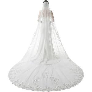 Brio Supply 118-Inch 1 Tier Cathedral Wedding Veil with Metal Comb, White | Soft Tulle, Minimalist Cut Edge, Multiple Width O