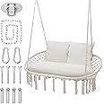 MoNiBloom Double Swing Chair with 3 Cushions for Outside, Large Hanging Macrame Swing Chair for Indoor/Outdoor Relax, Adult Hammock Boho Chair Max 700 lbs Capacity for Porch Balcony Backyard, Beige