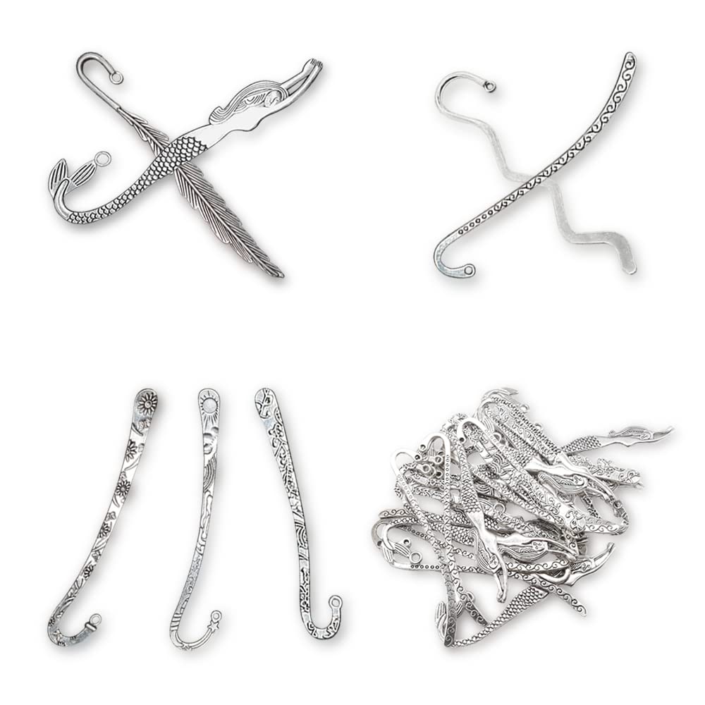 HOSTK 40 Pack Bookmarks Metal Carved Hook Antique Tibetan Silver Mixed(About 82mm)