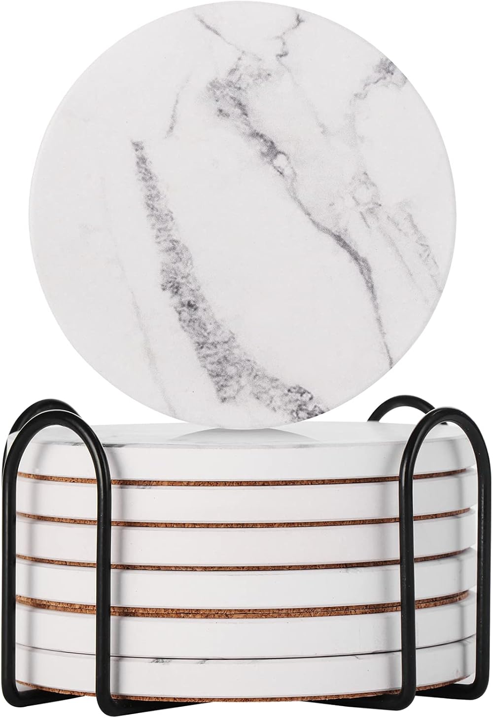 STAR POINT Marble Style Ceramic Coasters Set of 6 with Cork Base Holder 4 Inch