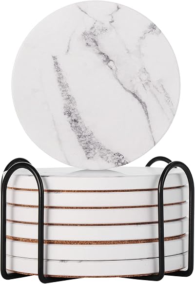 STAR POINT Marble Style Ceramic Coasters Set of 6 with Cork Base Holder 4 Inch