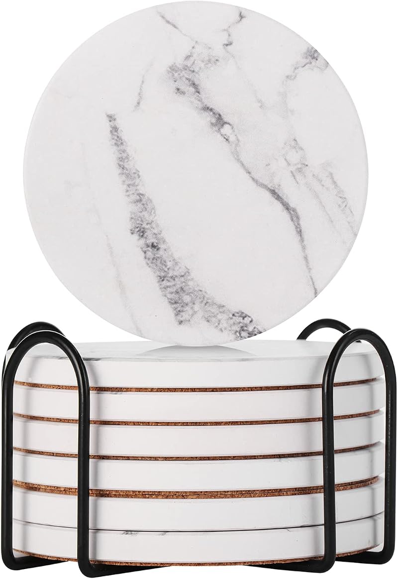 STAR POINT Marble Style Ceramic Coasters Set of 6 with Cork Base Holder 4 Inch