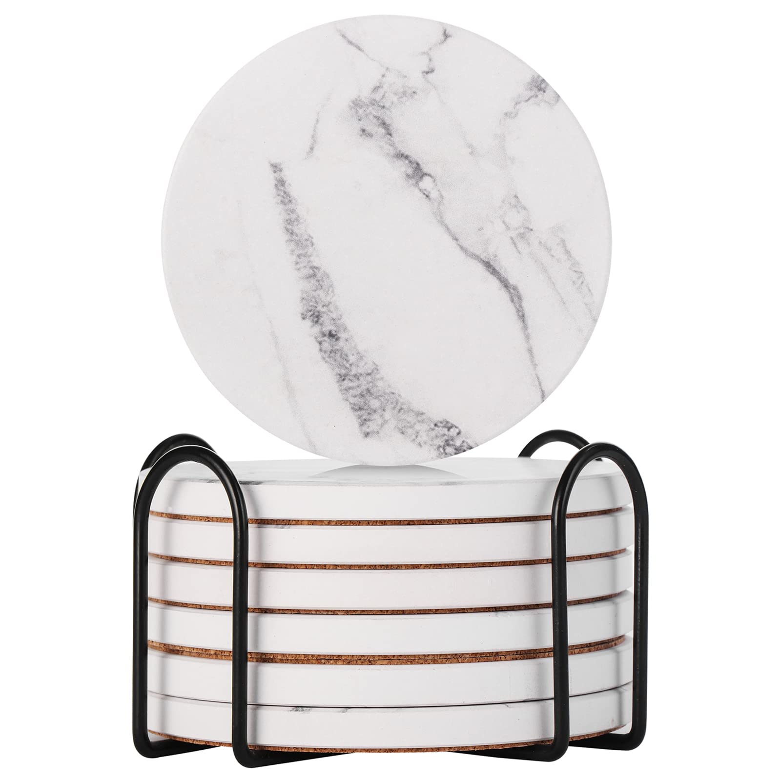 Drink Coasters Set of 6 - Marble Style Ceramic Round Coaster with Cork Base and Holder，Suitable for Kinds of Cups, Wooden Table,4 Inches (Marble)