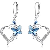 Butterfly Earrings for Women Sterling Silver Blue Butterfly Heart Crystal Dangle Jewelry Gifts for Women
