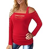 Bellelily Womens Sexy Tops Cut Out Cold Shoulder Half Sleeve Shirts Square Neck Hollow Out Ruched Concert Rock Tee Blouse
