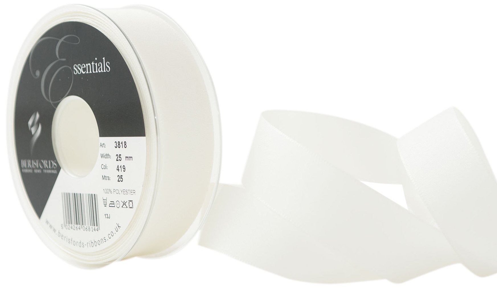 Berisfords 25 mm Rustic Taffeta Ribbon, Bridal White