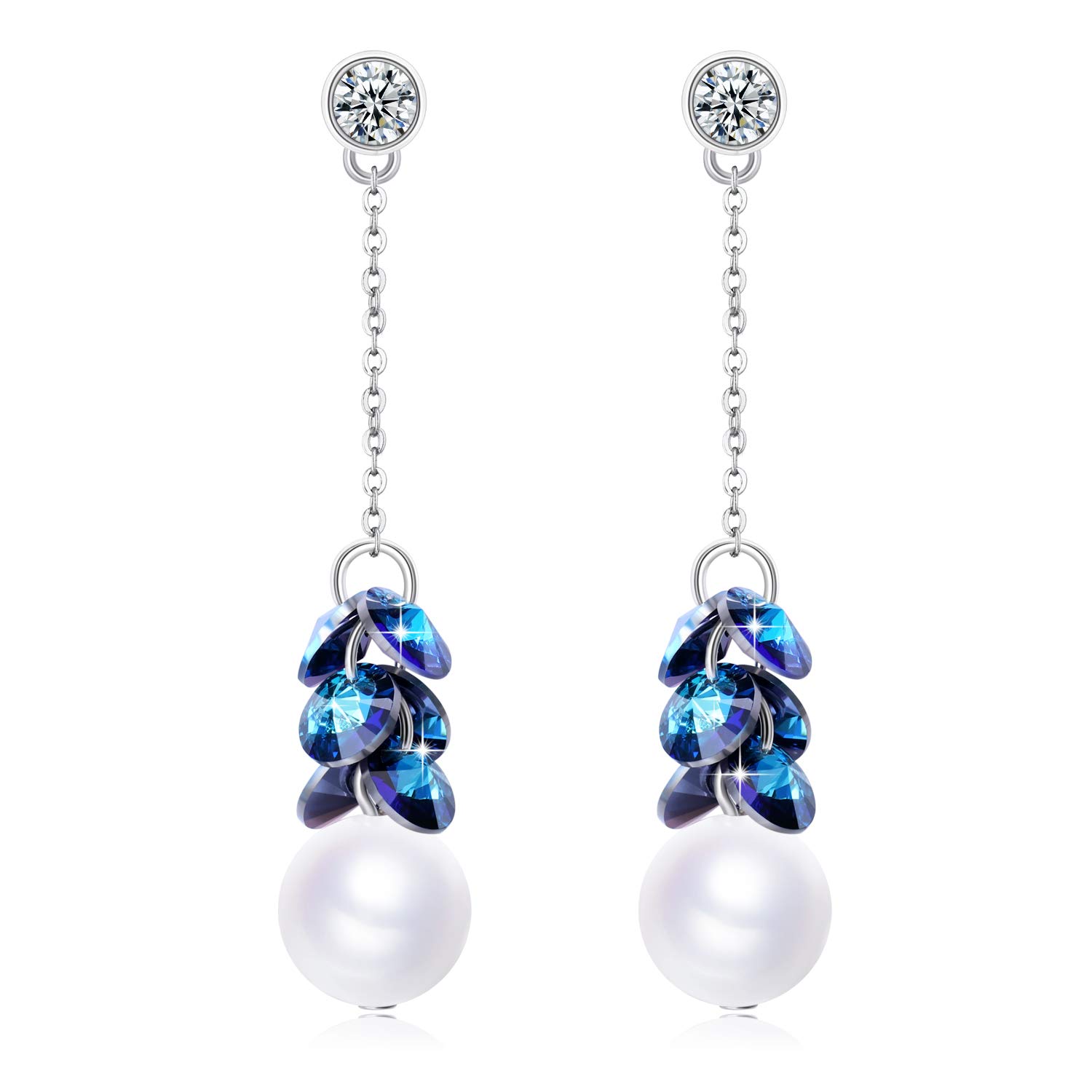 925 Sterling Silver Pearl Drop Earrings for Women, Long Dangle Earrings with Cluster Blue Crystals Studs Elegant Bridal Wedding Anniversary Jewelry Gift for Christmas