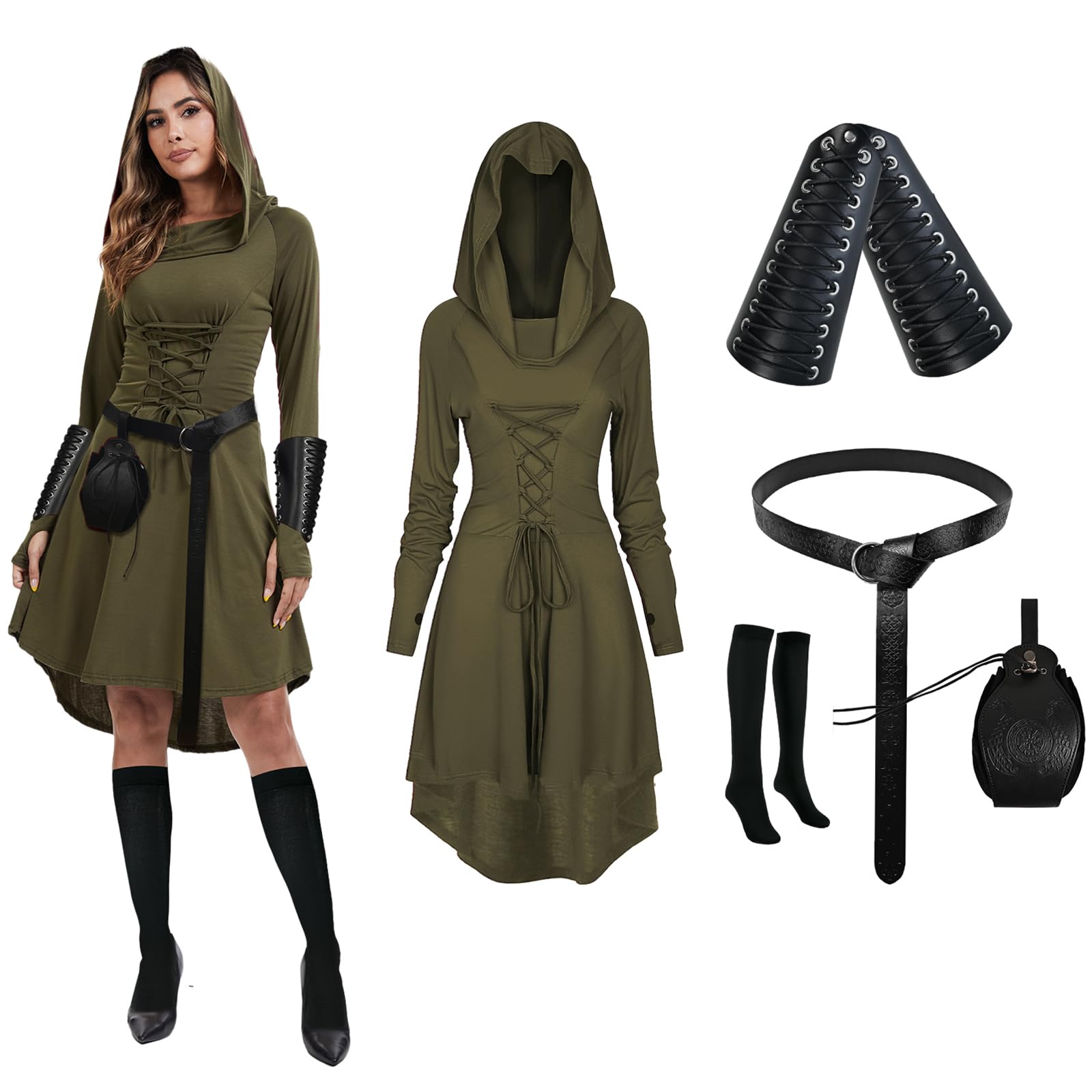 PORJDN Women Gothic Medieval Renaissance Dress Hooded Long Sleeve Costume Set Halloween Outfit with Corset Belt Coin Bag Over Knee Socks Arm Bracers (Green, S)