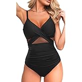 Tempt Me Women One Piece Swimsuits Tummy Control Bathing Suits Cutout Mesh Front Cross Swimwear