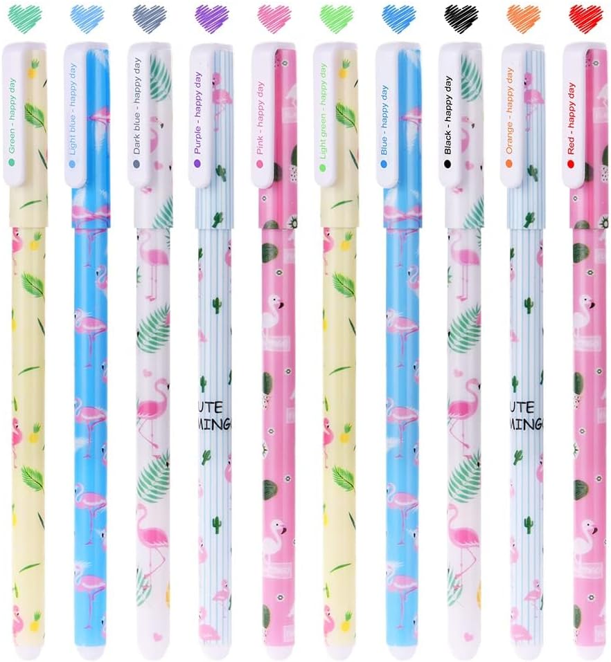 OFFCUP 10pcs Flamingo Gel Pens Fine Point 0.38mm Colorful Writing Set