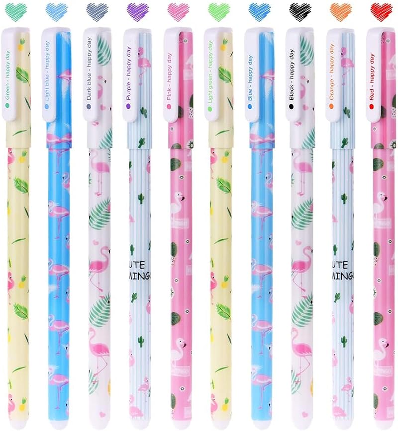 OFFCUP 10pcs Flamingo Gel Pens Fine Point 0.38mm Colorful Writing Set