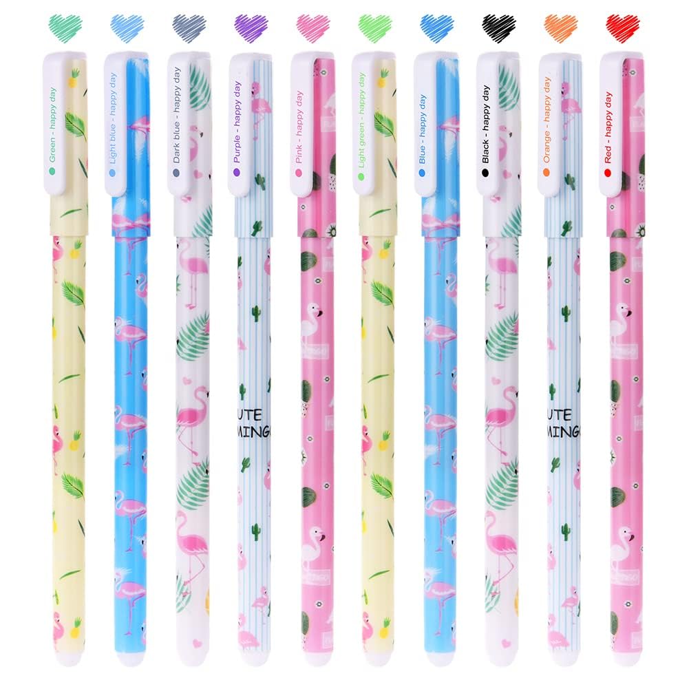 OFFCUP Cute Colour Pens, 10pcs Flamingo Gel Pens, 0.38mm Roller Ball Pen Colourful Gel Ink Pen for Kids Girls Boys Children Students Teens Office Gifts Fine Point