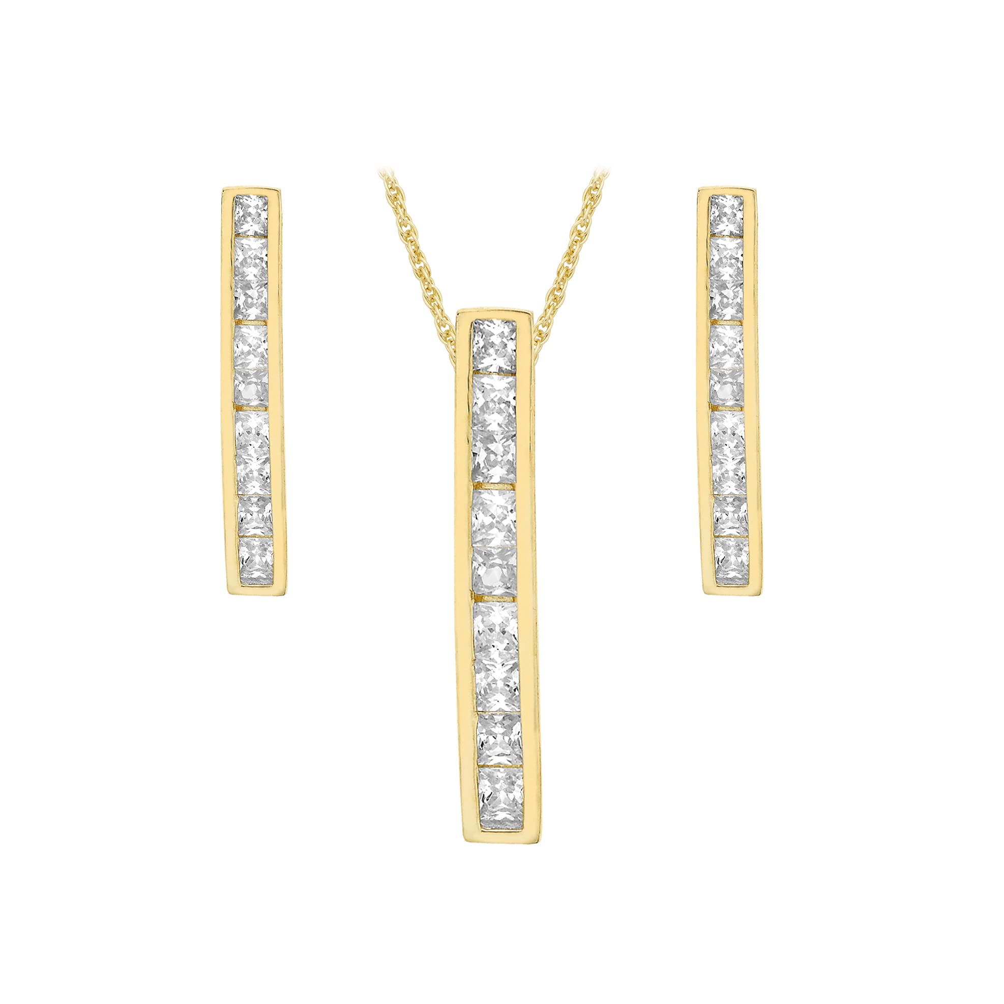 CARISSIMA Women's 9 ct Yellow Gold Cubic Zirconia Bar Earrings and Pendant on Prince of Wales Chain Necklace of 46 cm/18 inch