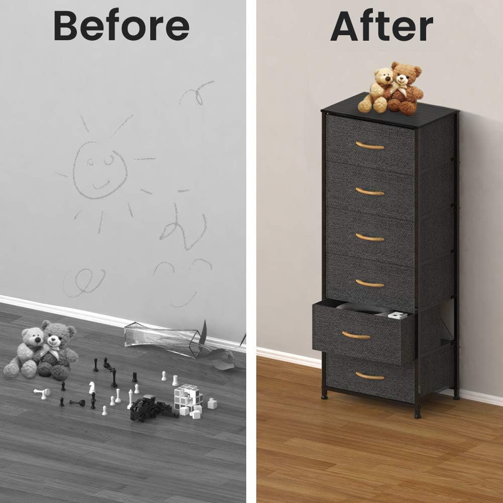 Crestlive Products Vertical Dresser Storage Tower - Sturdy Steel Frame, Wood Top, Easy Pull Fabric Bins, Wood Handles - Organizer Unit for Bedroom, Hallway, Entryway, Closets - 5 Drawers (Gray): Home Improvement