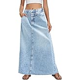 Fisoew Women's Vintage Denim Maxi Skirt Casual High Waist A-Line Frayed Hem Long Jean Skirt with Pockets