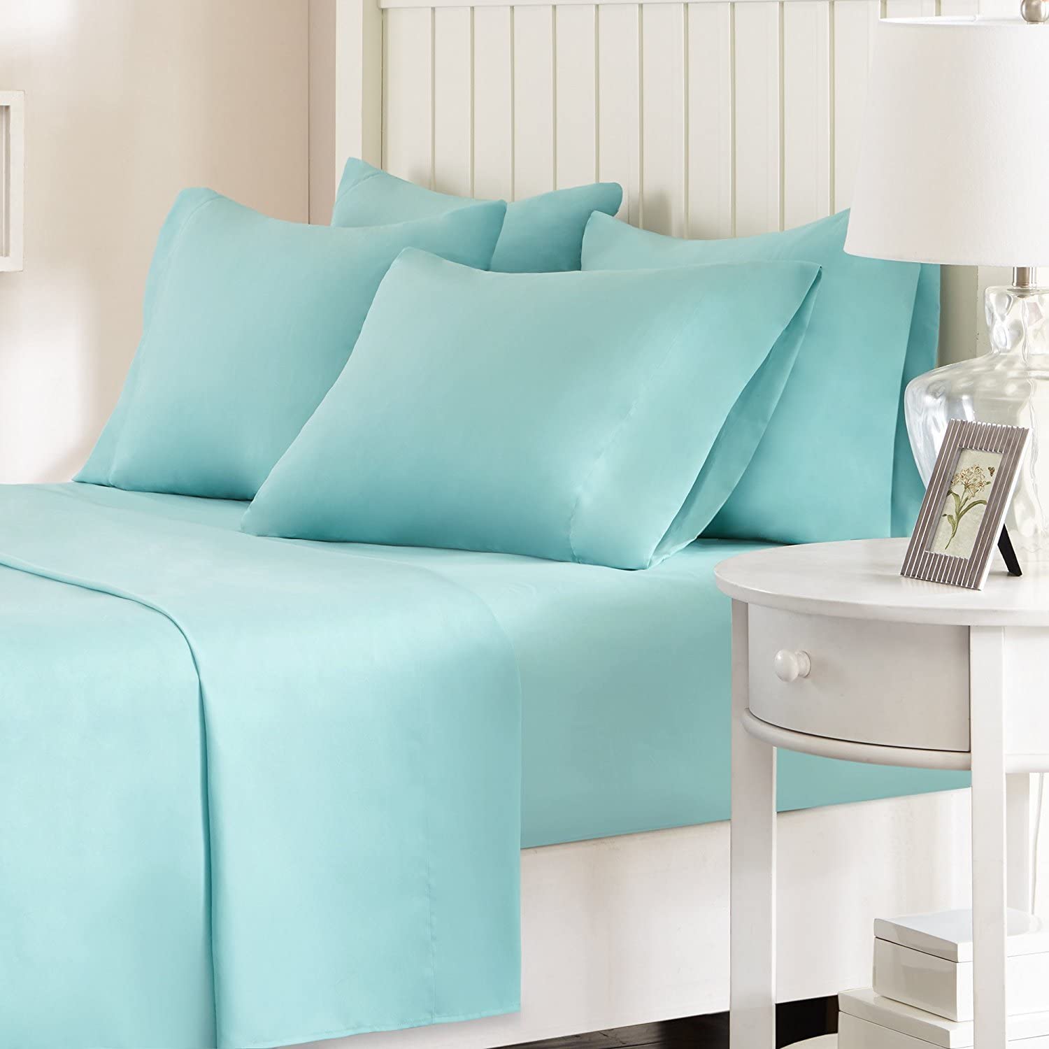 Comfort Spaces Microfiber Bed Sheets Set 14" Deep Pocket, Wrinkle Resistant, All Around Elastic - Year-Round Cozy Bedding Sheet, Matching Pillow Cases, King, Aqua 6 Piece