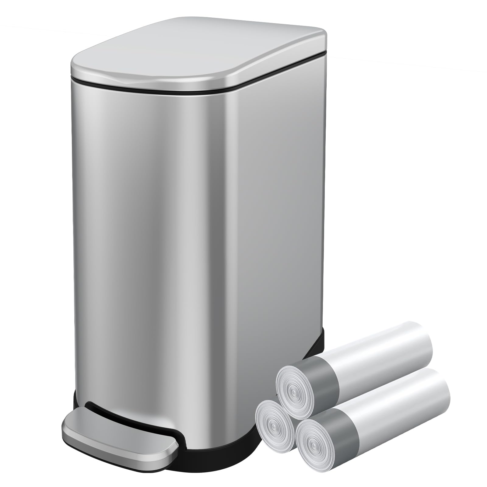 Photo 1 of KUK Slim Bathroom Trash Can with Lid, 2.6 Gallon (10 L) Stainless Steel Step Small Garbage Can with Removable Inner Bucket, Soft Close, Anti-Fingerprint Finish (Silver)