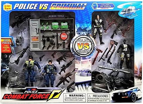 Police Combat Force - Police vs Criminal Action Figure Set | 4 Action Figures (2 Police & 2 Villains) + Over 20 Accessories Including Guns, Mountable Vehicle, & "Rescue Tools" Storage
